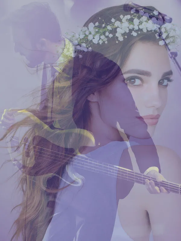 Double exposure of a woman with long hair wearing a floral crown and a man playing an electric guitar.