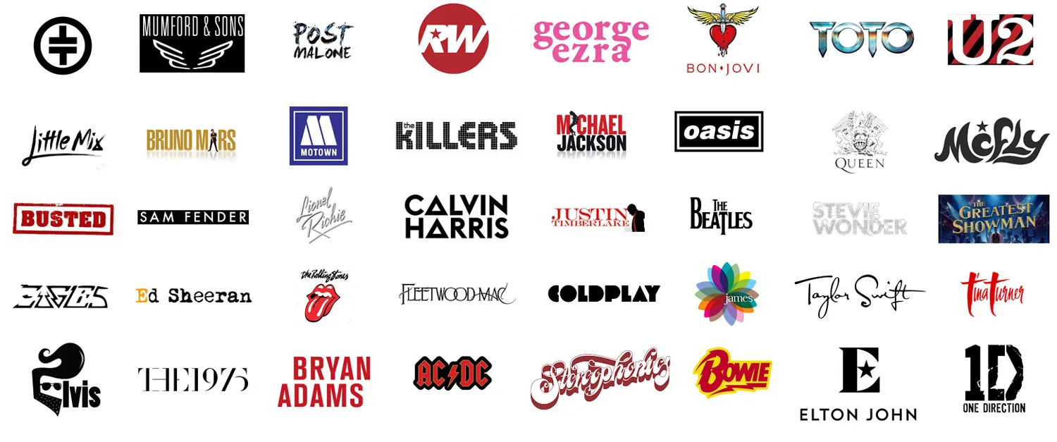 Collage of 36 music artist logos including Mumford & Sons, Post Malone, Bruno Mars, The Killers, Michael Jackson, Bon Jovi, Queen, The Beatles, Ed Sheeran, Coldplay, Taylor Swift, AC/DC, Elton John, and One Direction.